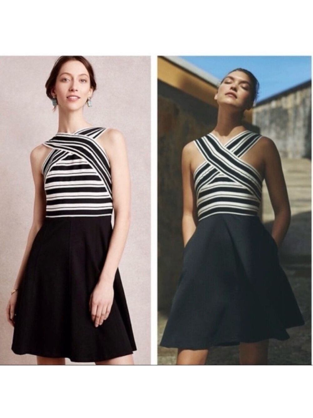 Anthropologie Black White Stripe Cross Front Mini Dress Size 2 - Picture 3 of 6